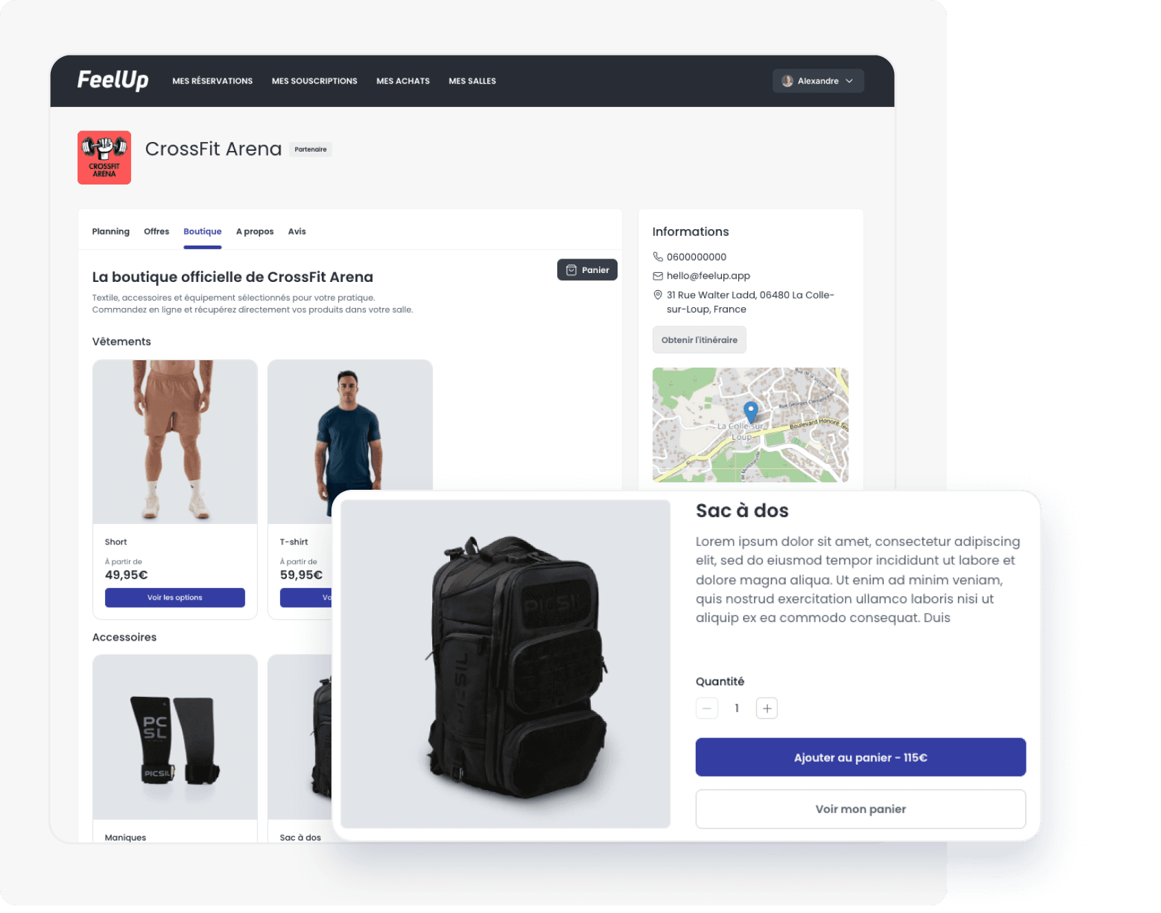 Boutique en ligne intégrée avec produits et équipements
